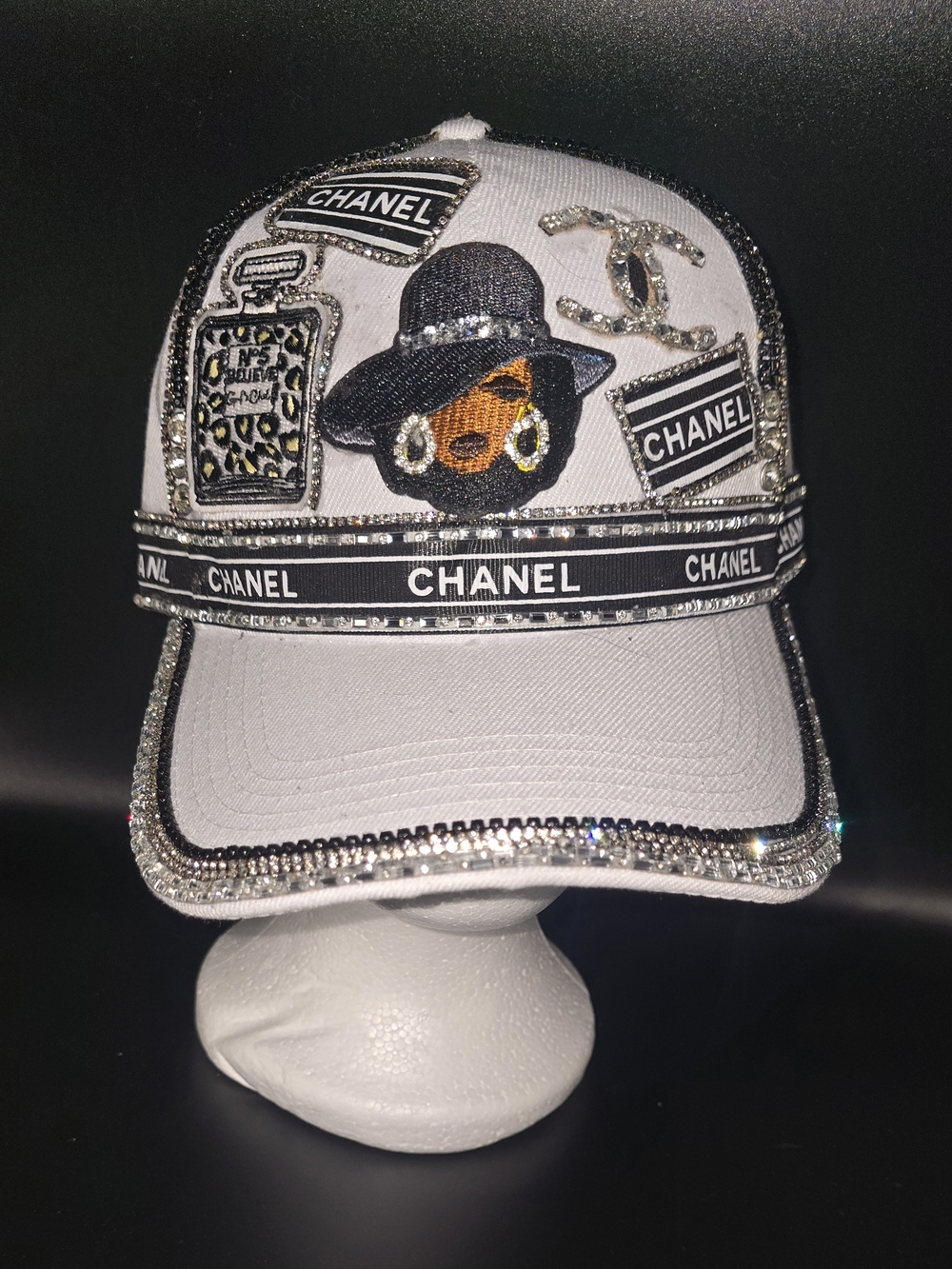 White Crystal-Trim Embellished Baseball Cap